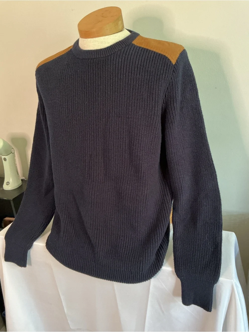J. Crew Woodsman Navy Crewneck Sweater with Tan Shoulder Patches